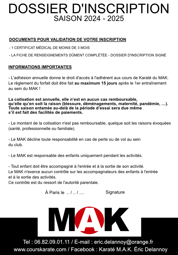 Inscription cours Karaté saison 2024 - 2025